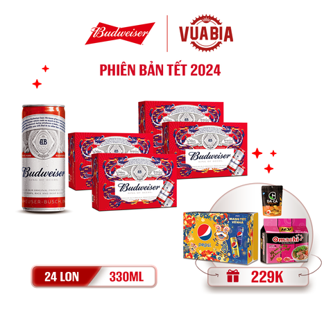 [FREESHIP] Bia Budweiser Combo 4 Thùng 24 Lon 330ml - Phiên Bản Tết 2024 - Tặng 1 Thùng Pepsi Tết +  Lốc Mì Omachi + Gói Da Cá