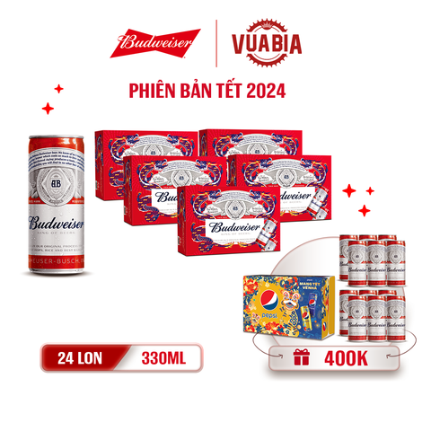 [FREESHIP] Bia Budweiser Combo 5 Thùng 24 Lon 330ml - Phiên Bản Tết 2024 - Tặng 1 Thùng Pepsi Tết +  2 Lốc 6 Budweiser 330ml [Date 4/2024]