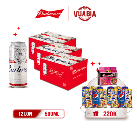 [FREESHIP] Bia Budweiser Combo 3 Thùng 12 Lon 500ml - Tặng 2 Lốc Pepsi Tết + Lốc Mì Omachi