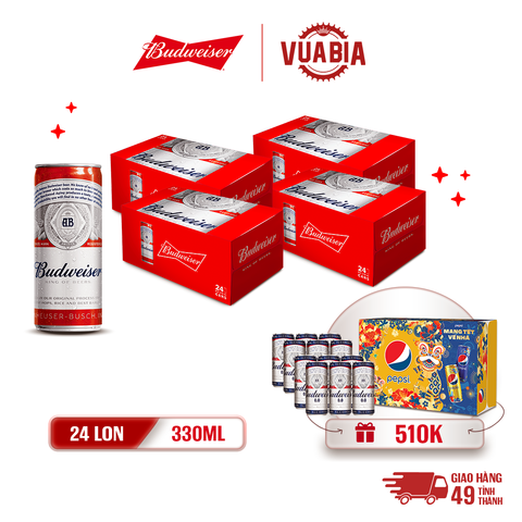 [FREESHIP] Bia Budweiser Combo 4 Thùng 24 Lon 330ml - Tặng Thùng Pepsi  + 2 Lốc 6 Lon Budweiser 0.0%