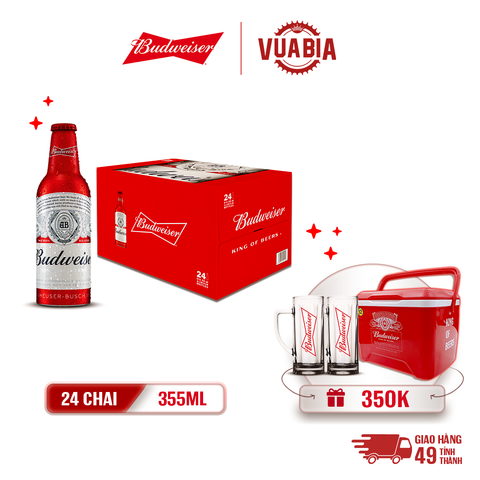 [FREESHIP] Bia Budweiser Thùng 24 Chai Aluminum 355ml - Tặng Thùng Đá Budweiser + 2 ly Budweiser 330ml