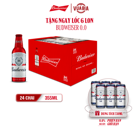 [HCM] Bia Budweiser Thùng 24 Chai Aluminum 355ml - Tặng Lốc 6 Lon Budweiser 0.0
