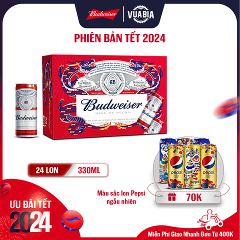 [FREESHIP] Bia Budweiser Thùng 24 Lon 330ml - Phiên Bản Tết 2024 - Tặng Lốc 6 Lon Pepsi Tết