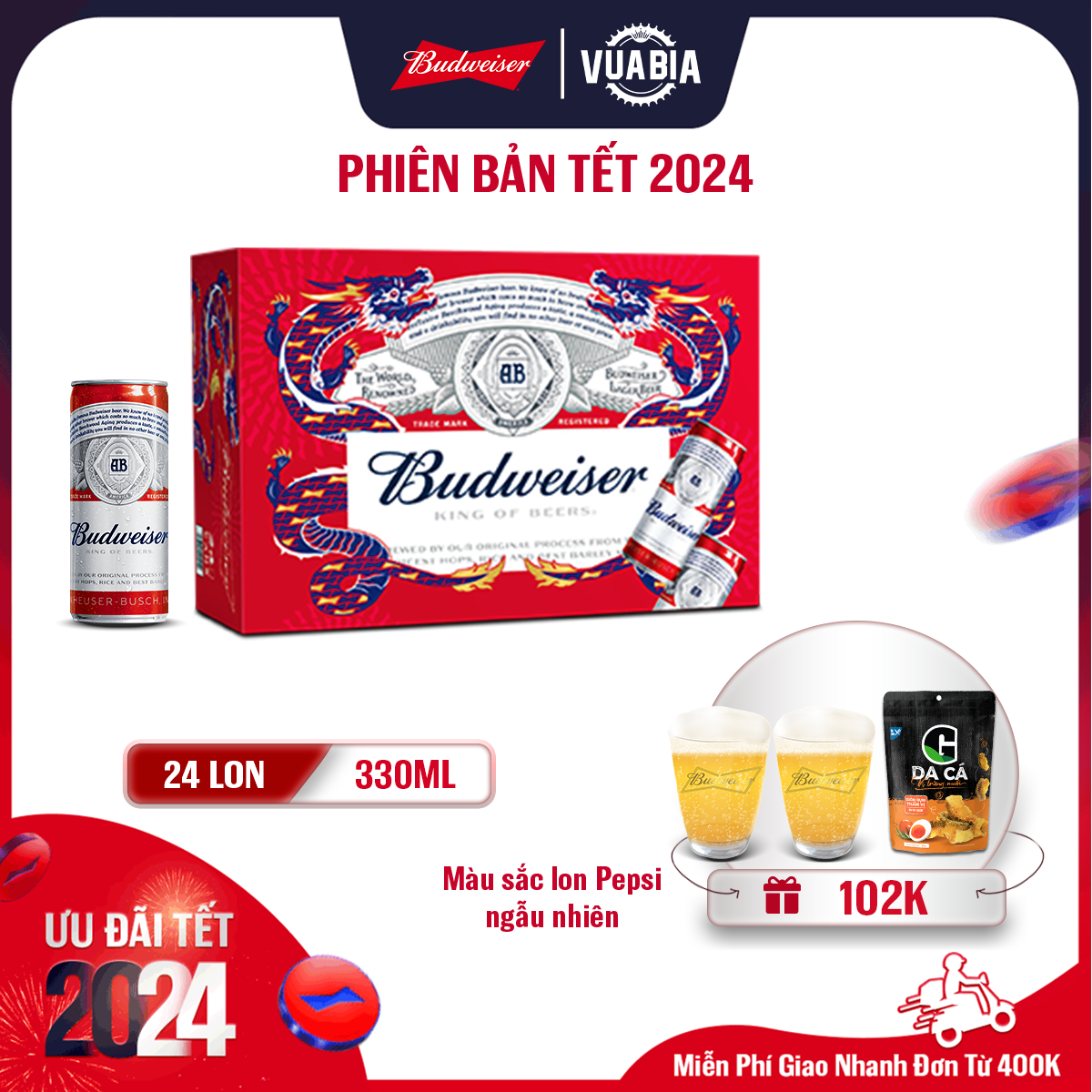 [FREESHIP] Bia Budweiser Thùng 24 Lon 330ml - Phiên Bản Tết 2024 - Tặng 2 Ly Thủy Tinh Budweiser + 1 Da Cá