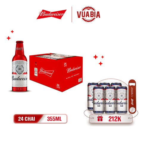 [FREESHIP] Bia Budweiser Thùng 24 Chai Aluminum 355ml - Tặng Lốc 6 Lon Budweiser 0.0 + Khui Bia Budweiser