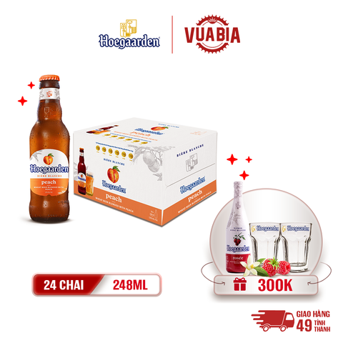 [FREESHIP] Bia Hoegaarden Peach Vị Đào Tinh Tế Thùng 24 Chai 248ml - Tặng 1 Chai Hoegaarden Rosée 650ml + 2 Ly Hoegaarden 250ml