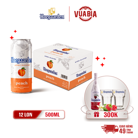 [FREESHIP] Bia Hoegaarden Peach Vị Đào Tinh Tế Thùng 12 Lon 500ml - Tặng 1 Chai Hoegaarden Rosée 650ml + 2 Ly Hoegaarden 250ml