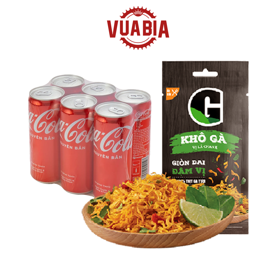 Lốc 6 Lon Nước Giải Khát Coca Vị Nguyên Bản 320ml + Khô Gà Lá Chanh G 22g - QUÀ TẶNG KHÔNG BÁN