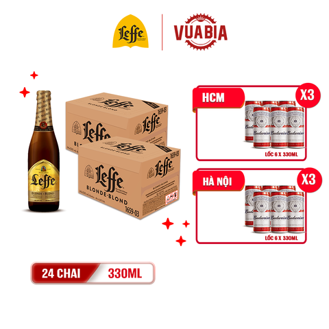 [FREESHIP] Bia Leffe Blonde (Leffe Vàng) Combo 2 Thùng 24 Chai 330ml - Bia Thầy Tu Nhập Khẩu - Tặng 3 Lốc 6 [HN]