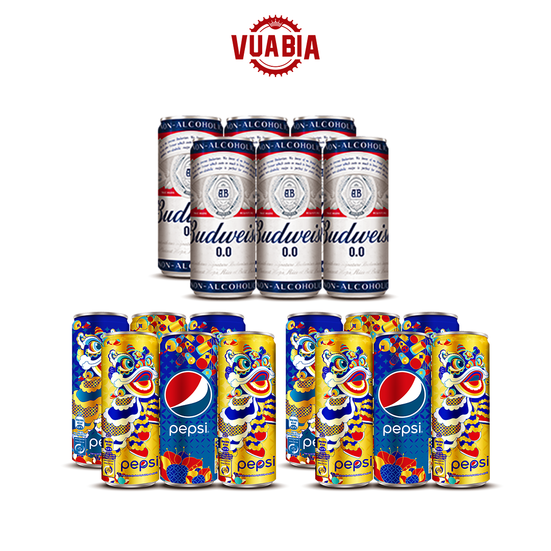 Combo Lốc 6 Lon Budweiser 0.0% + 2 Lốc 6 Lon Nước Giải Khát Pepsi 320ml (Màu Sắc Lon Ngẫu Nhiên) - QUÀ TẶNG KHÔNG BÁN