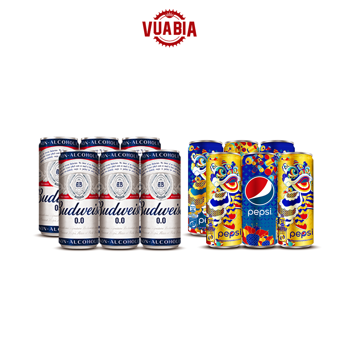 Combo Lốc 6 Lon Budweiser 0.0% + Lốc 6 Lon Nước Giải Khát Pepsi 320ml (Màu Sắc Lon Ngẫu Nhiên) - QUÀ TẶNG KHÔNG BÁN