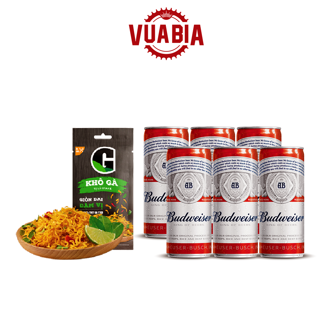 Combo Lốc 6 Lon Budweiser 330ml + 1 Túi Khô Gà G-Kitchen 22g - QUÀ TẶNG KHÔNG BÁN