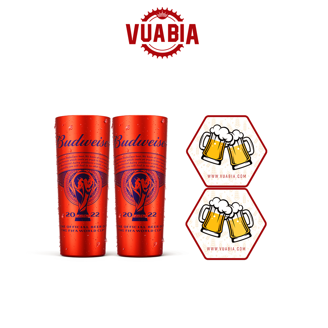 Combo 2 Lót Ly Vua Bia + 2 Ly Nhôm Budweiser 650ml - Đổi Màu Khi Lạnh [Phiên bản giới hạn FIFA WORLD CUP 2022] - Quà Tặng Không Bán