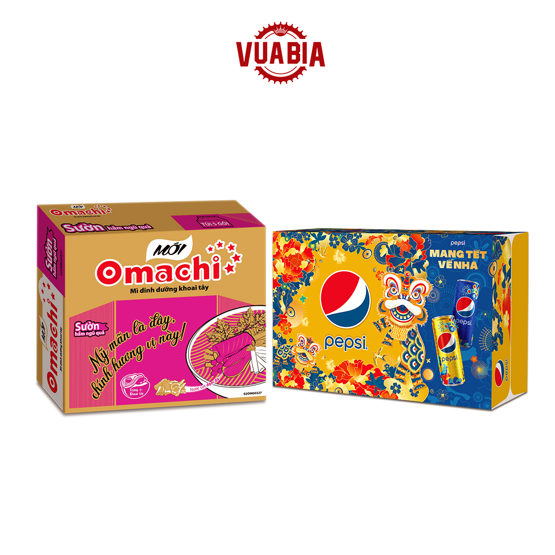 Combo Thùng 30 Gói Mì Khoai Tây Omachi Sườn Hầm Ngũ Quả 80g + Thùng Pepsi 24 Lon Nước Giải Khát 320ml Phiên Bản Tết - QUÀ TẶNG KHÔNG BÁN (HCM & Hà Nội)