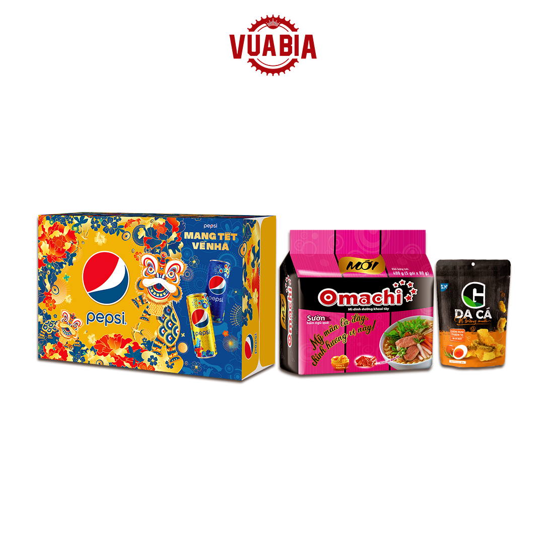 Combo Thùng 24 Lon Pepsi Tết 320ml + Gói Snack Da Cá + Lốc 5 Gói Mì Omachi - QUÀ TẶNG KHÔNG BÁN