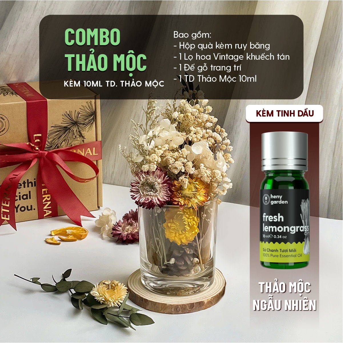 Lọ Khuếch Tán Tinh Dầu Hoa Gỗ Khô Tự Nhiên Phong Cách Vintage Heny Garden
