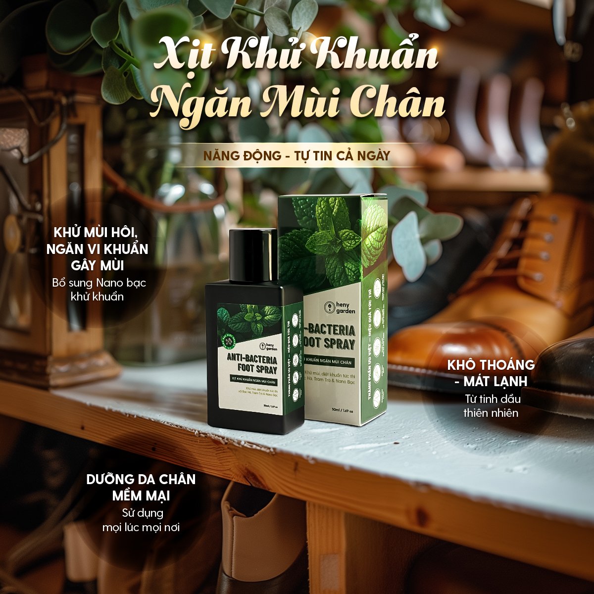 Xịt Hôi Chân, Khử Mùi Giày Chiết Xuất Tràm Trà & Nano Bạc HENY GARDEN 50mL Giúp Khử Mùi, Khử Khuẩn Nhanh Chóng