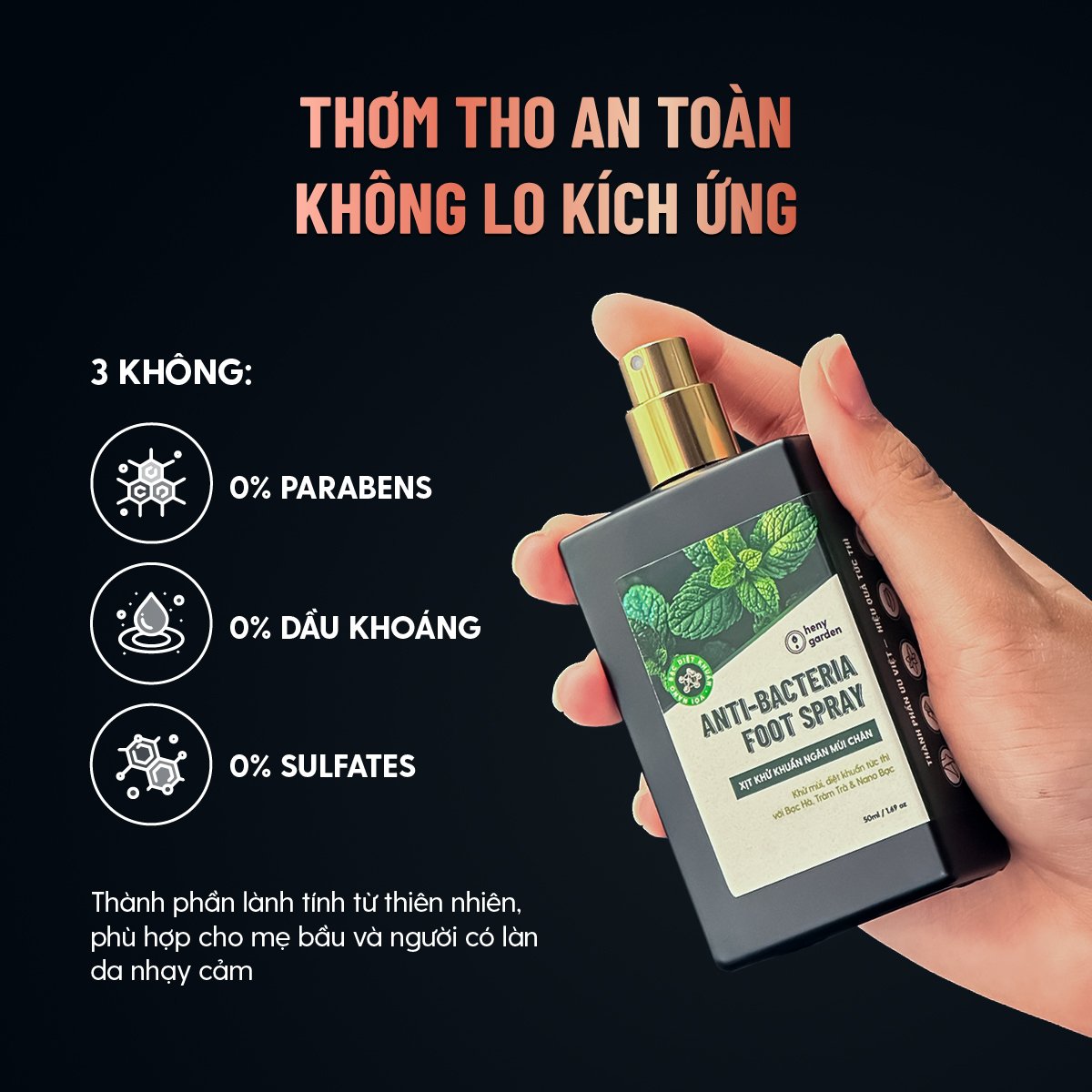 Xịt Hôi Chân, Khử Mùi Giày Chiết Xuất Tràm Trà & Nano Bạc HENY GARDEN 50mL Giúp Khử Mùi, Khử Khuẩn Nhanh Chóng