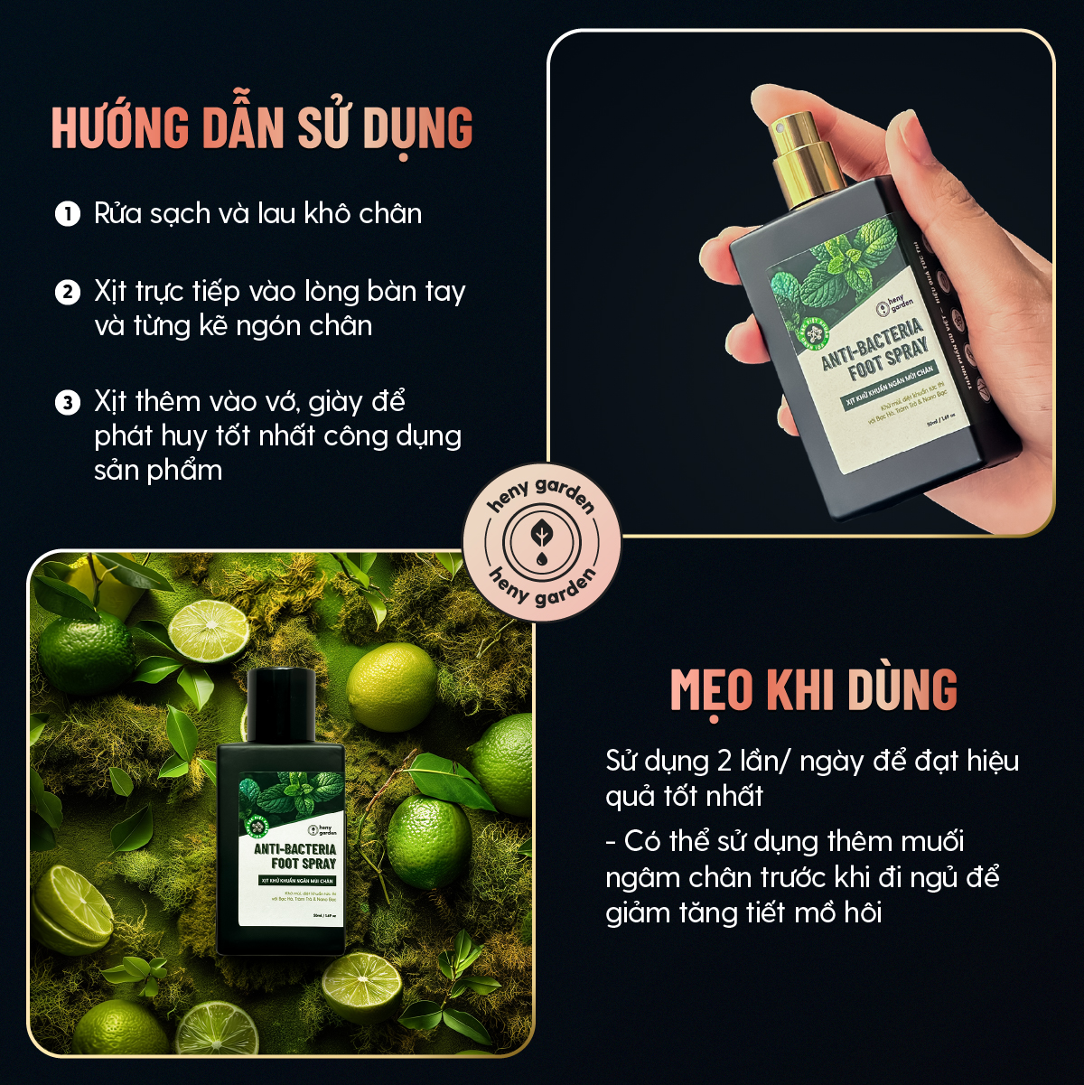 Xịt Hôi Chân, Khử Mùi Giày Chiết Xuất Tràm Trà & Nano Bạc HENY GARDEN 50mL Giúp Khử Mùi, Khử Khuẩn Nhanh Chóng