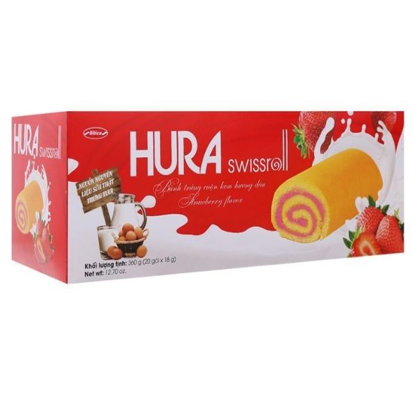  Bánh Trứng Cuộn Kem Hương Dâu Hura (18g x 20 Gói) 