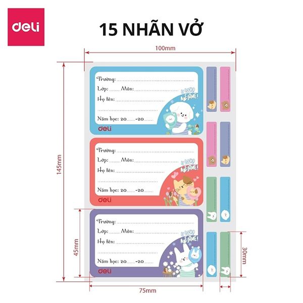  Nhãn Vở Học Sinh Deli Cute Pet Nhiều Mẫu - Không Để Lại Vệt Keo Khi Dán Tệp 15 + 40 nhãn phụ 