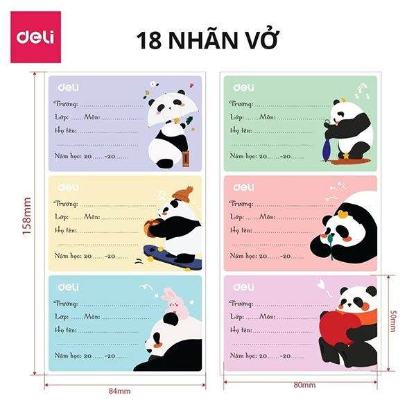  Nhãn Vở Học Sinh Deli Panda Mập Ú Cute - Không Để Lại Vệt Keo Khi Dán Chống Rách Giấy Tệp 18 Chiếc 