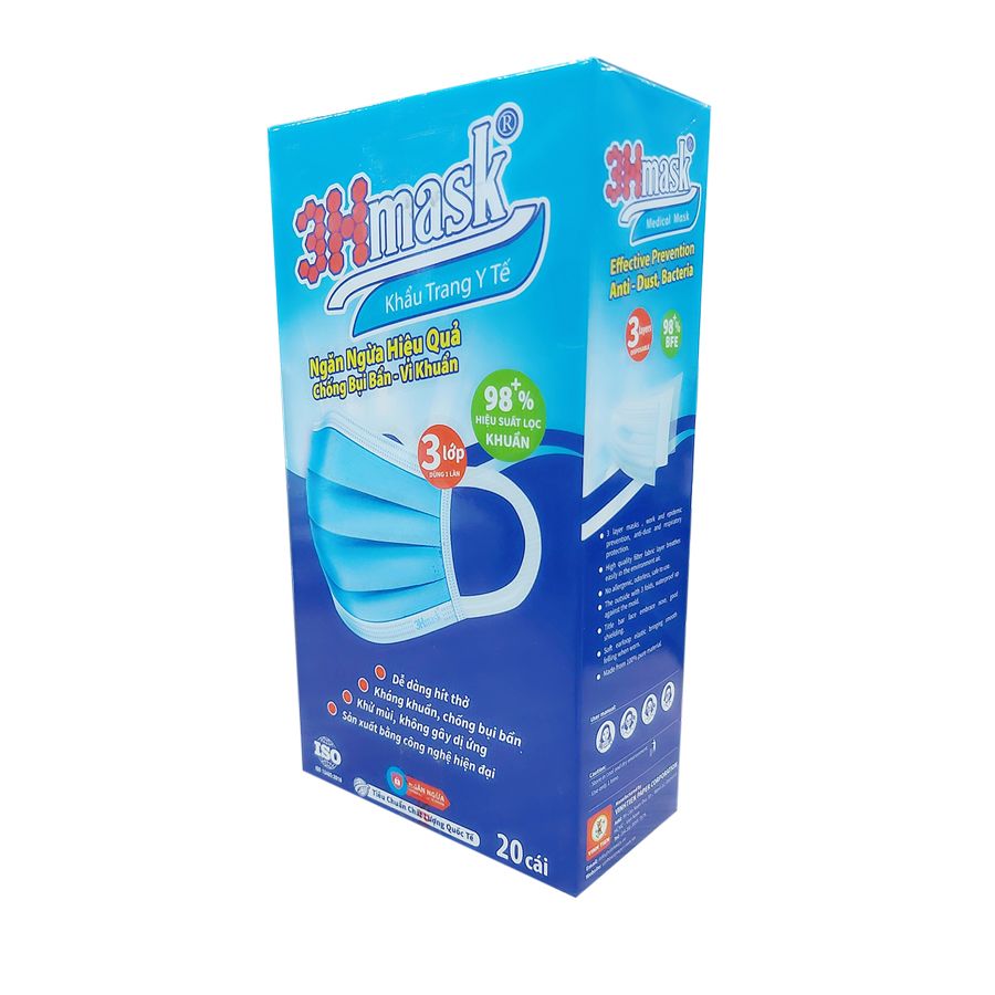  Khẩu Trang 3 Lớp Quai Dẹp Xanh Nhạt - Hộp 20 Cái 