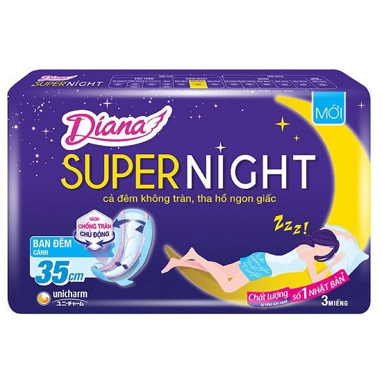 Băng Vệ Sinh Diana Ban Đêm Super Night Cánh 35cm (Gói 3 Miếng)