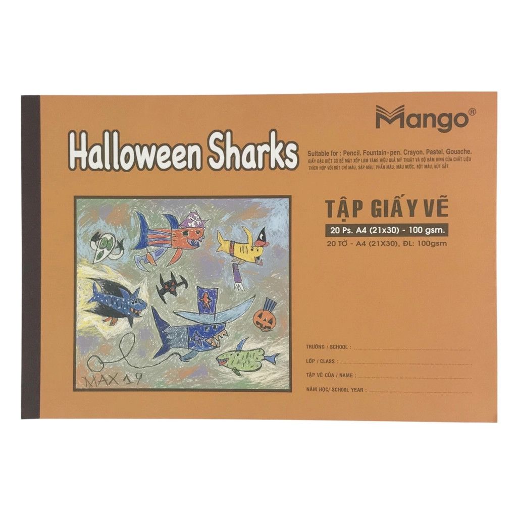  Tập vẽ Mango TVA4-HS 21x30cm 100gsm 20 tờ A4 Halloween Sharks 