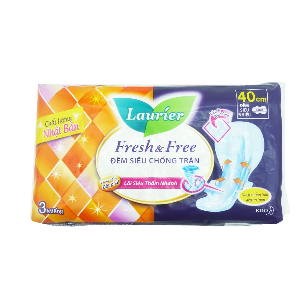  Băng Vệ Sinh Ban Đêm Siêu Chống Tràn Laurier Fresh & Free Có Cánh 40 cm (Gói 3 Miếng) 