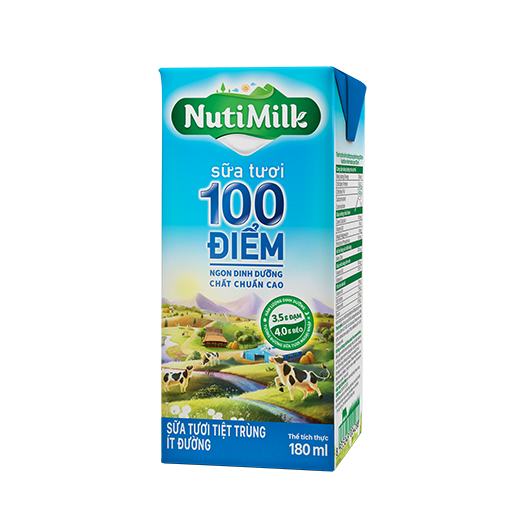  NutiMilk 100 Điểm Sữa Tươi Tiệt Trùng Ít Đường - 180ml 