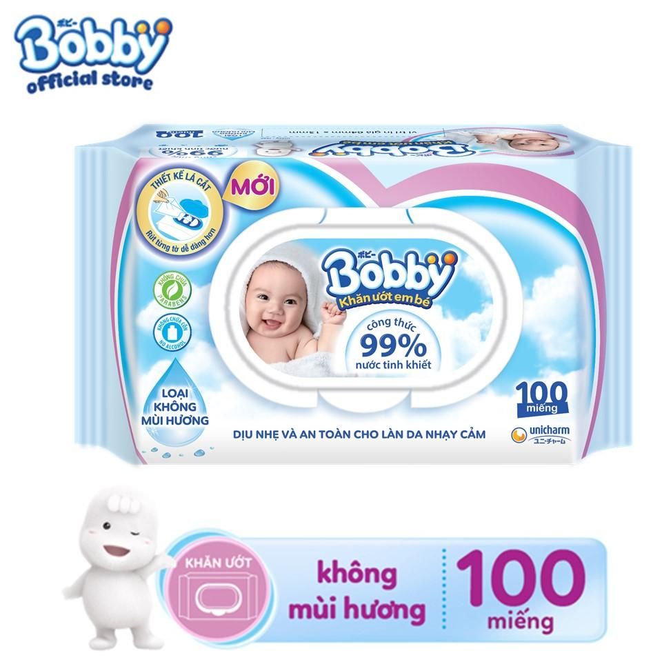  Khăn Ướt Em Bé Bobby Không Mùi (100 Miếng/Gói) 