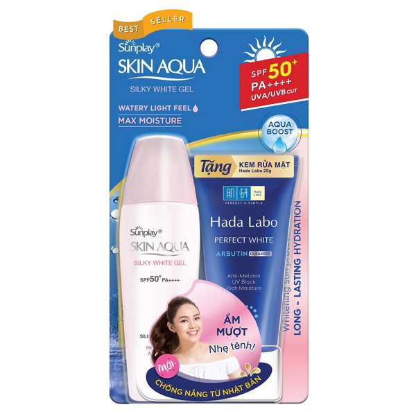  Gel Chống Nắng Dưỡng Trắng Sunplay Skin Aqua Silky White Gel SPF 50+ PA++++ (30g) + Tặng Kem Rửa Mặt Hada Labo 25g 