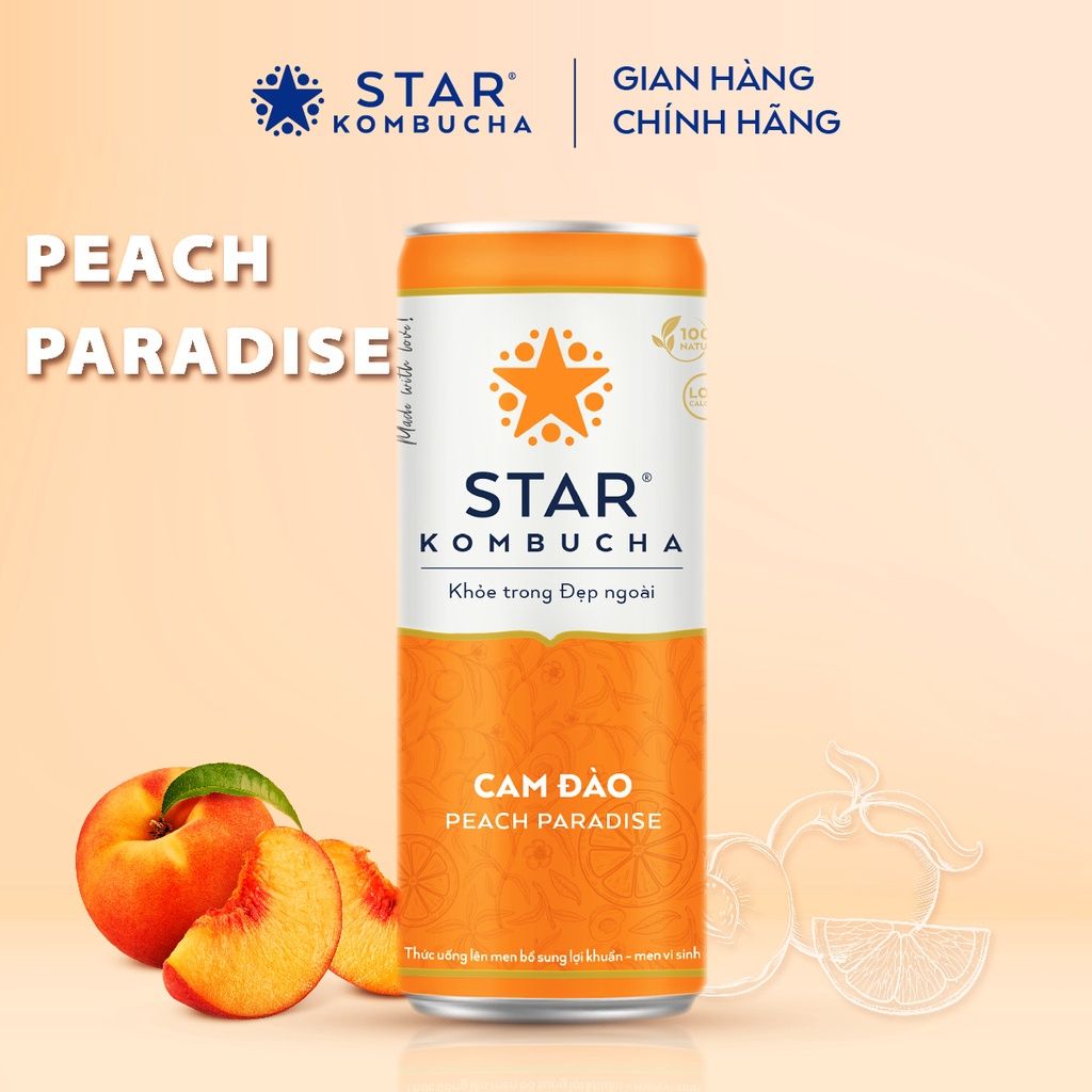  STAR KOMBUCHA Cam Đào / Peach Paradise (250ml/lon)- Trà lên men vi sinh chứa probiotics bảo vệ sức khoẻ 