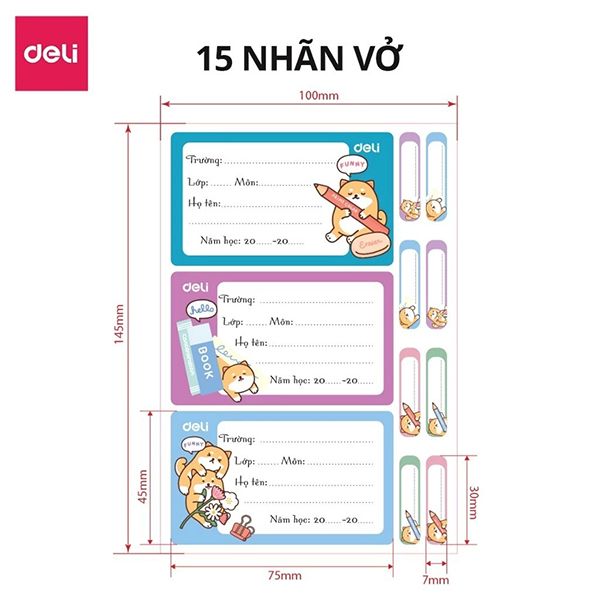  Nhãn Vở Học Sinh Deli Cún Vàng Đi Học Nhiều Mẫu - Không Để Lại Vệt Keo Khi Dán Tệp 15 + 40 nhãn phụ 