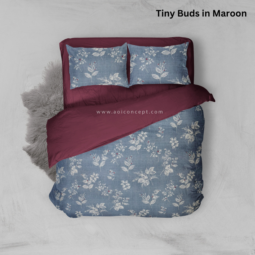 Bộ chăn ga gối Cotton hoạ tiết | 5 món | 160x200cm, 180x200cm, 200x220cm | Tiny Buds in Maroon | Mềm mịn, Mát, Thoáng khí | CGCT0024 | À Ơi Concept