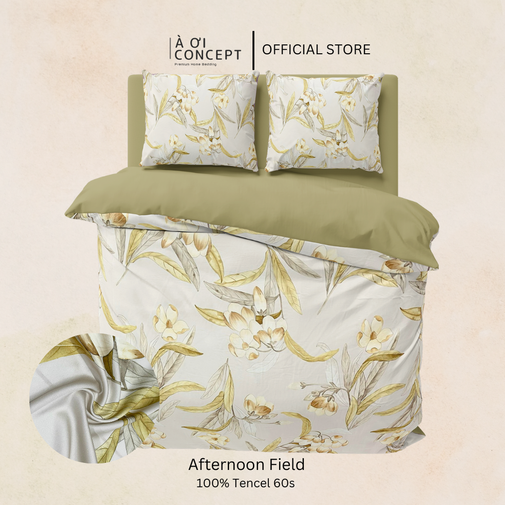 Bộ chăn ga gối Tencel hoạ tiết | 5 món | 160x200cm, 180x200cm, 200x220cm | Afternoon Field | Mát lạnh, Mềm mịn, Trơn mướt | CGTC0004 | À Ơi Concept