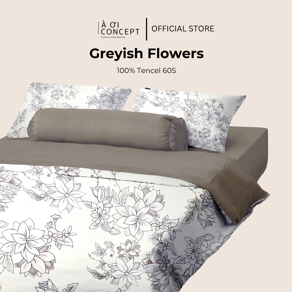 Bộ chăn ga gối Tencel hoạ tiết | 5 món | 160x200cm, 180x200cm, 200x220cm | Greyish Flowers | Mát lạnh, Mềm mịn, Trơn mướt | CGTC0021 | À Ơi Concept