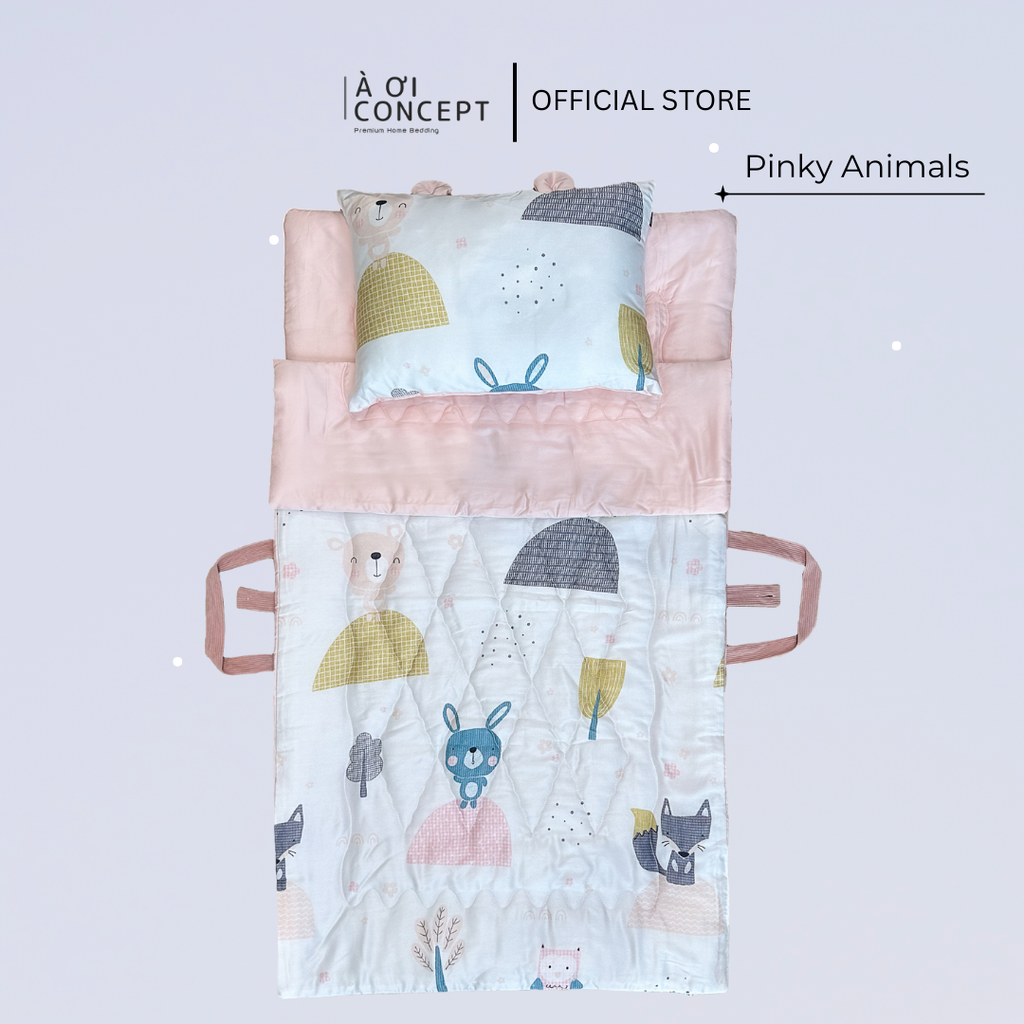 Bộ chăn gối nệm cho bé Tencel 60s, Họa tiết [ Pinky Animals] À ƠI CONCEPT CGCB0049