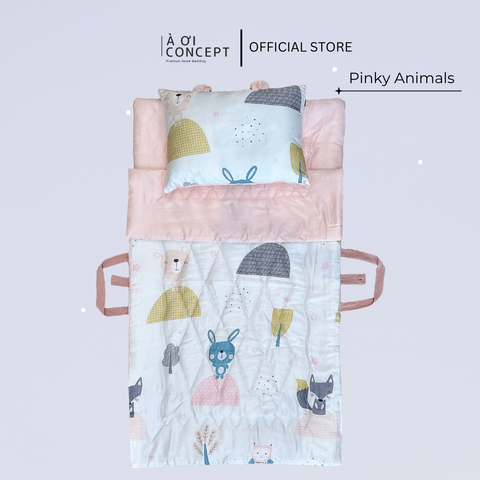  Bộ chăn gối nệm cho bé Tencel 60s, Họa tiết [ Pinky Animals] 