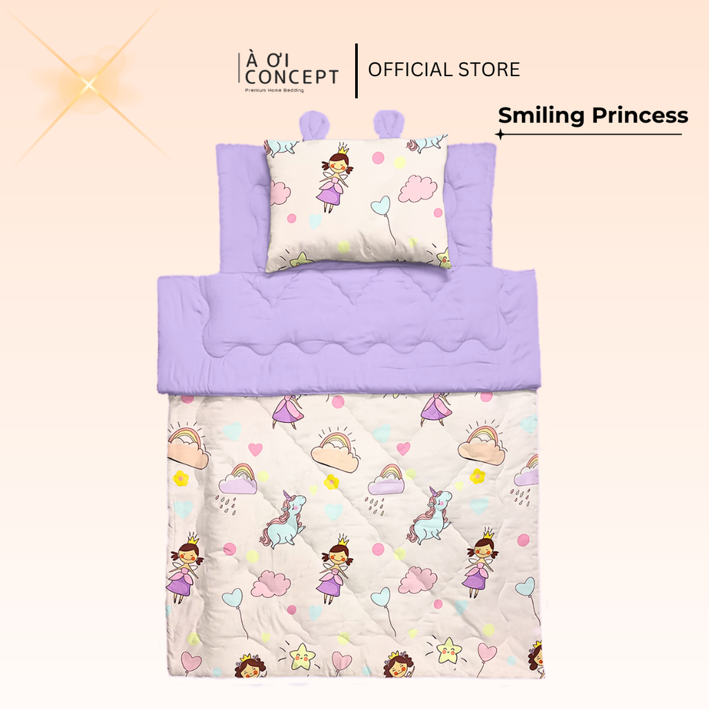 Bộ chăn gối nệm cho bé ( Mền lớn) Tencel 60s, Họa tiết [ Smiling Princess] À ƠI CONCEPT CGCB0074