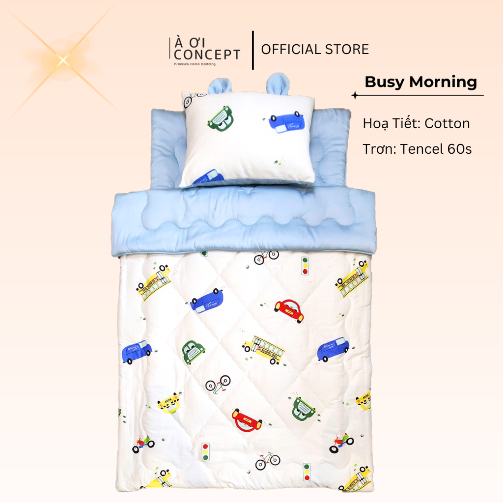 Bộ chăn gối nệm cho bé ( Mền lớn) Tencel 60s, Họa tiết Cotton [ Busy Morning] À ƠI CONCEPT CGCB0061