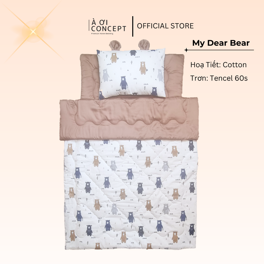 Bộ chăn gối nệm cho bé ( Mền lớn) Tencel 60s, Họa tiết Cotton [ My Dear Bear]