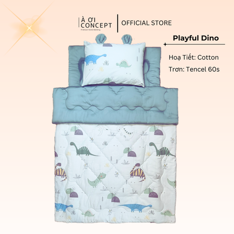  Bộ chăn gối nệm cho bé ( Mền lớn) Tencel 60s, Họa tiết Cotton [ Playful Dino] 