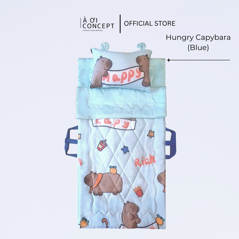  Bộ chăn gối nệm cho bé Tencel 60s, Họa tiết [ Hungry Capybara (Blue)] 