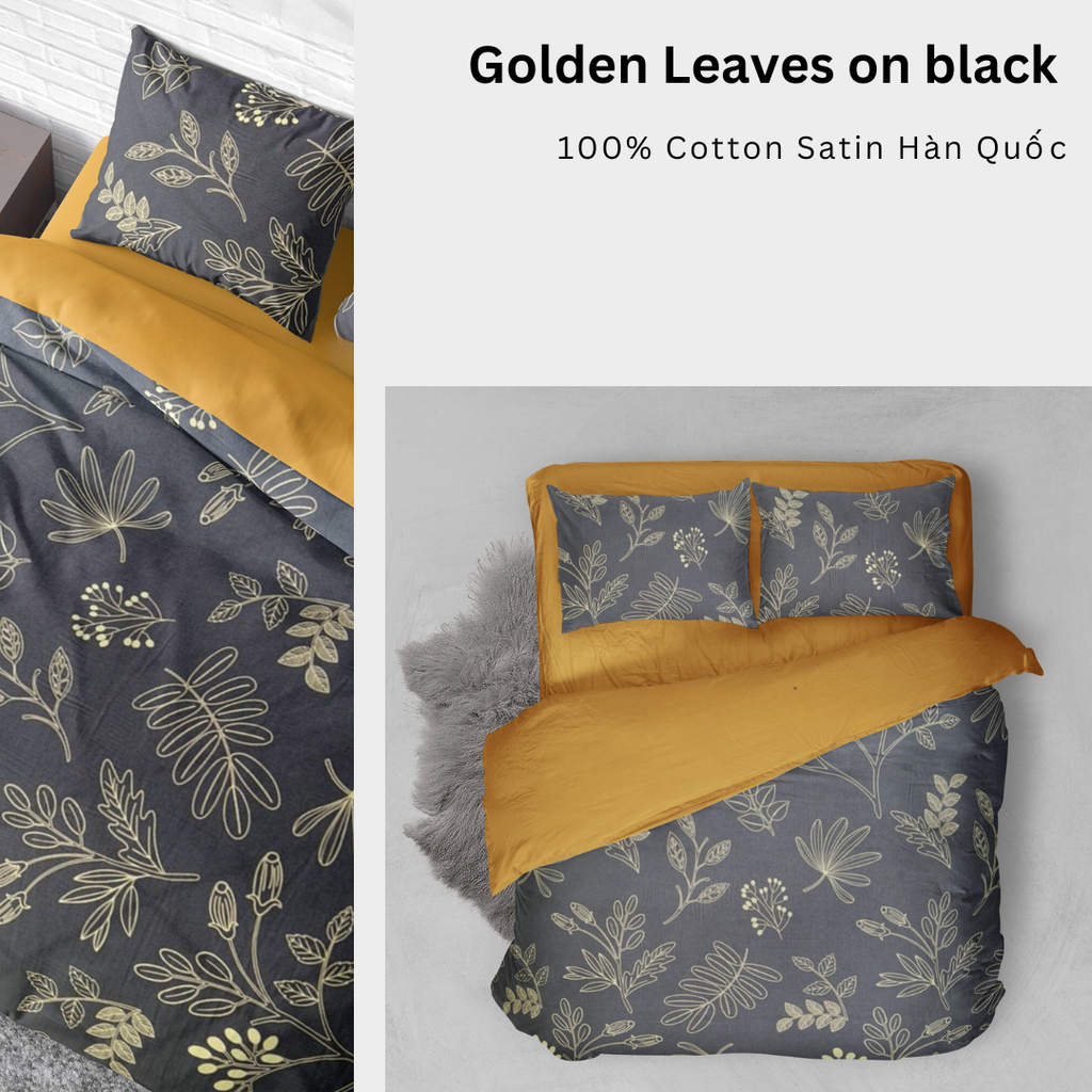 Bộ chăn ga gối Cotton hoạ tiết | 5 món | 160x200cm, 180x200cm, 200x220cm | Golden Leaves on Black | Mềm mịn, Mát, Thoáng khí | CGCT0012 | À Ơi Concept