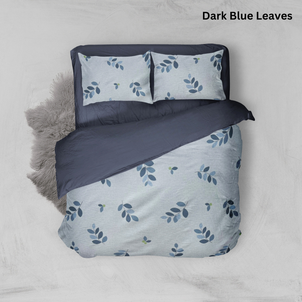 Bộ chăn ga gối Cotton hoạ tiết | 5 món | 160x200cm, 180x200cm, 200x220cm | Dark Blue Leaves | Mềm mịn, Mát, Thoáng khí | CGCT0005 | À Ơi Concept