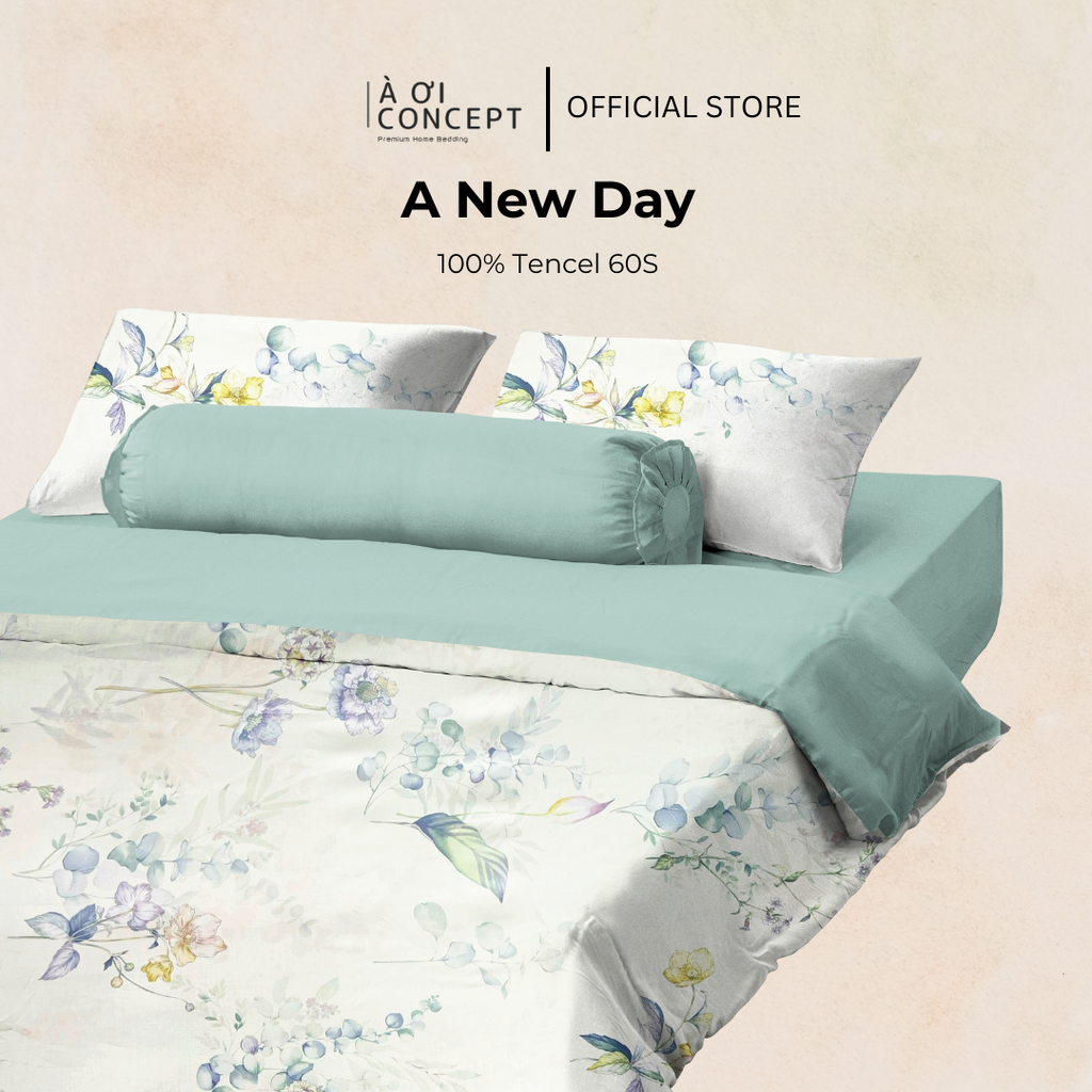 Bộ chăn ga gối Tencel hoạ tiết | 5 món | 160x200cm, 180x200cm, 200x220cm | A New Day | Mát lạnh, Mềm mịn, Trơn mướt | CGTC0003 | À Ơi Concept