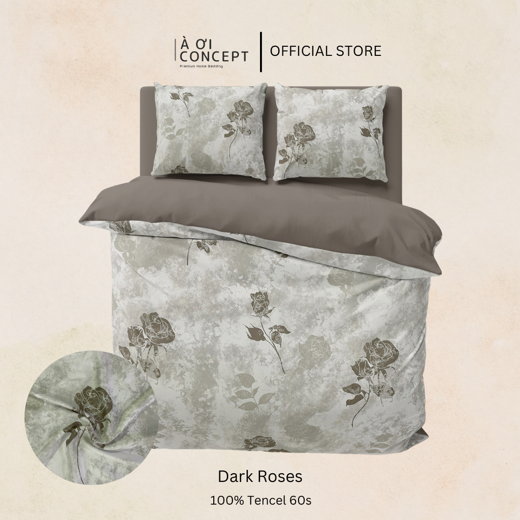 Bộ giường ngủ Tencel hoạ tiết | 5 món | 160x200cm, 180x200cm, 200x220cm | Dark Roses | Mát lạnh, Mềm mịn, Trơn mướt | CGTC0013 | À Ơi Concept