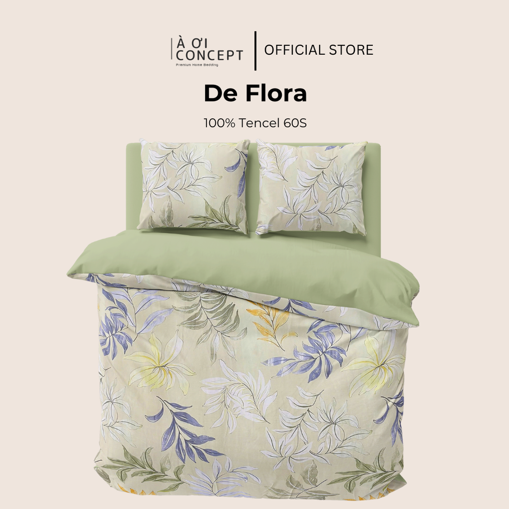 Bộ chăn ga gối Tencel hoạ tiết | 5 món | 160x200cm, 180x200cm, 200x220cm | De Flora | Mát lạnh, Mềm mịn, Trơn mướt | CGTC0014 | À Ơi Concept